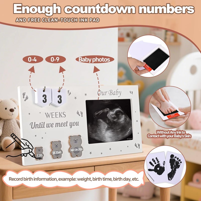 DACO MIN Pregnancy Countdown Sonogram Picture Frame with Number Cards & Newborn Handprint Kit – Bear-Themed Ultrasound Keepsake Gift for Expecting Parents & Grandparent Reveal (Grey) - Image 3